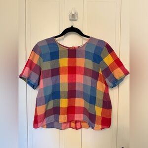Madewell rainbow checkered top with back buttons